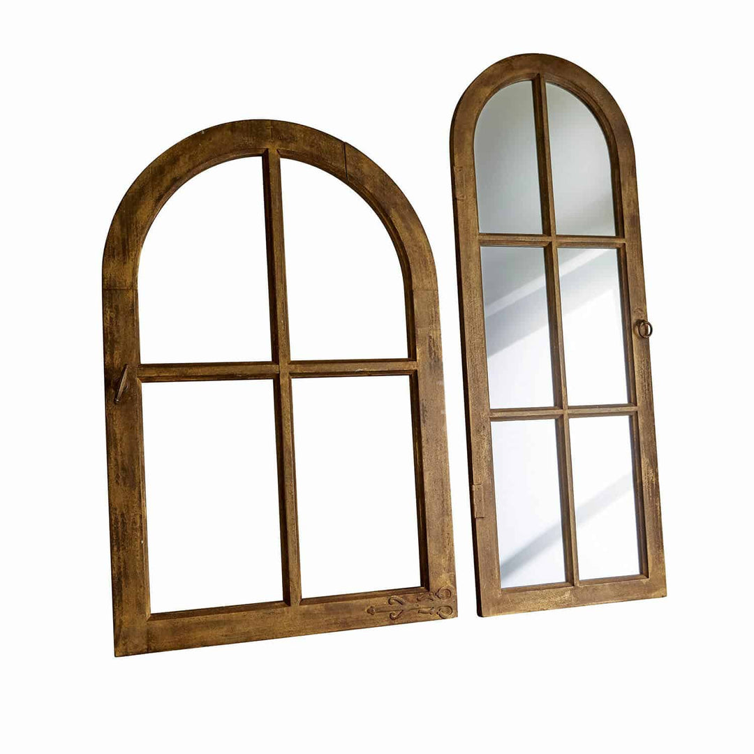 Rustic Window-Style Arched Mirror Set with Wooden Frame