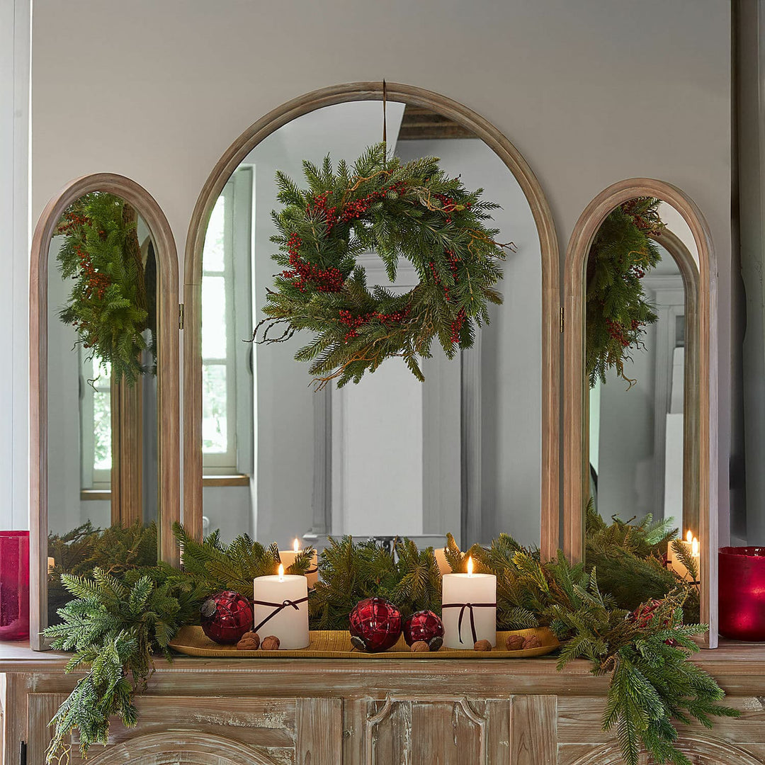 Triple Arch Mirror with Wooden Frame and Folding Panels