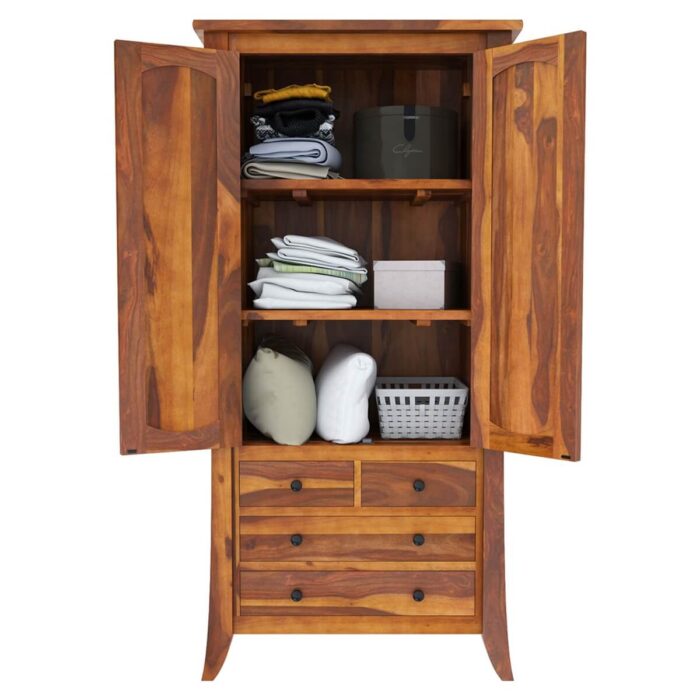 Tall Rustic Wooden Armoire with Multi-Drawer Storage and Double Doors