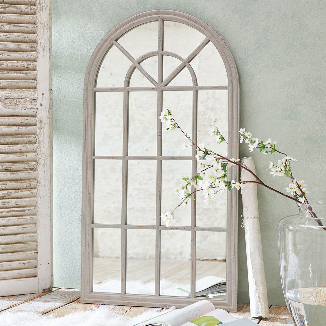 Arched Window-Style Wall Mirror with Distressed Frame