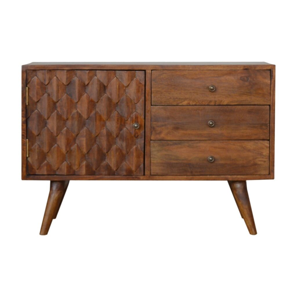 Rustic Elegance Wooden Chest of Drawers with Geometric Design