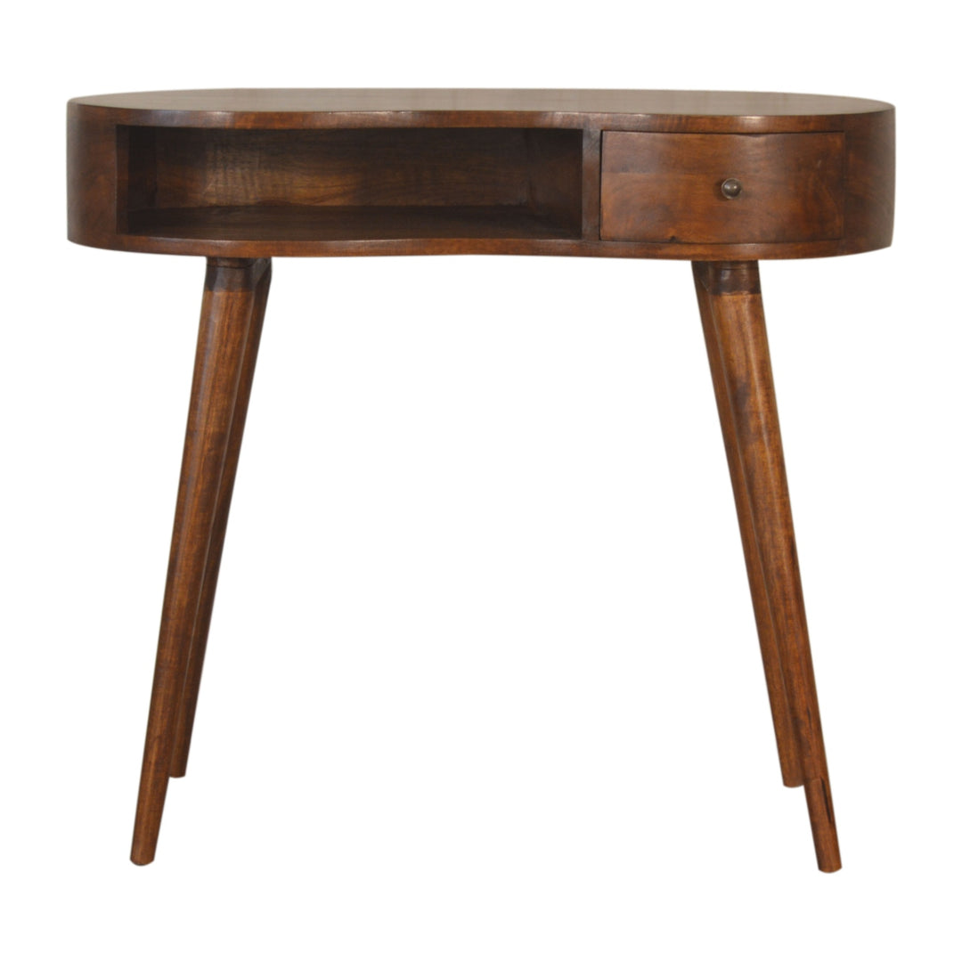 Curved Edge Wooden Console Desk with Tapered Legs and Compact Storage