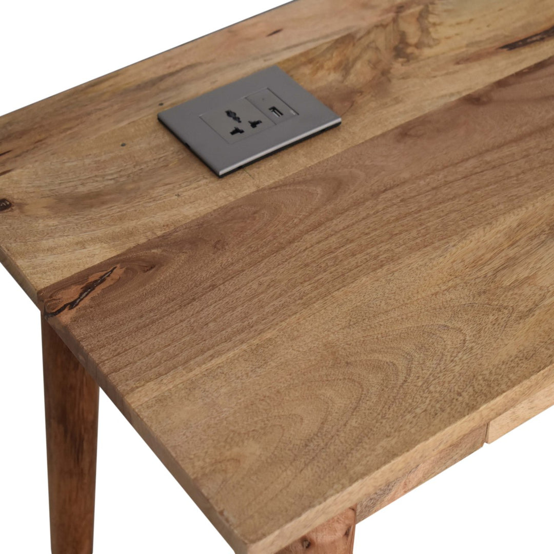 Solid Wood Writing Desk with Dual Drawers and Built-In Power Outlet