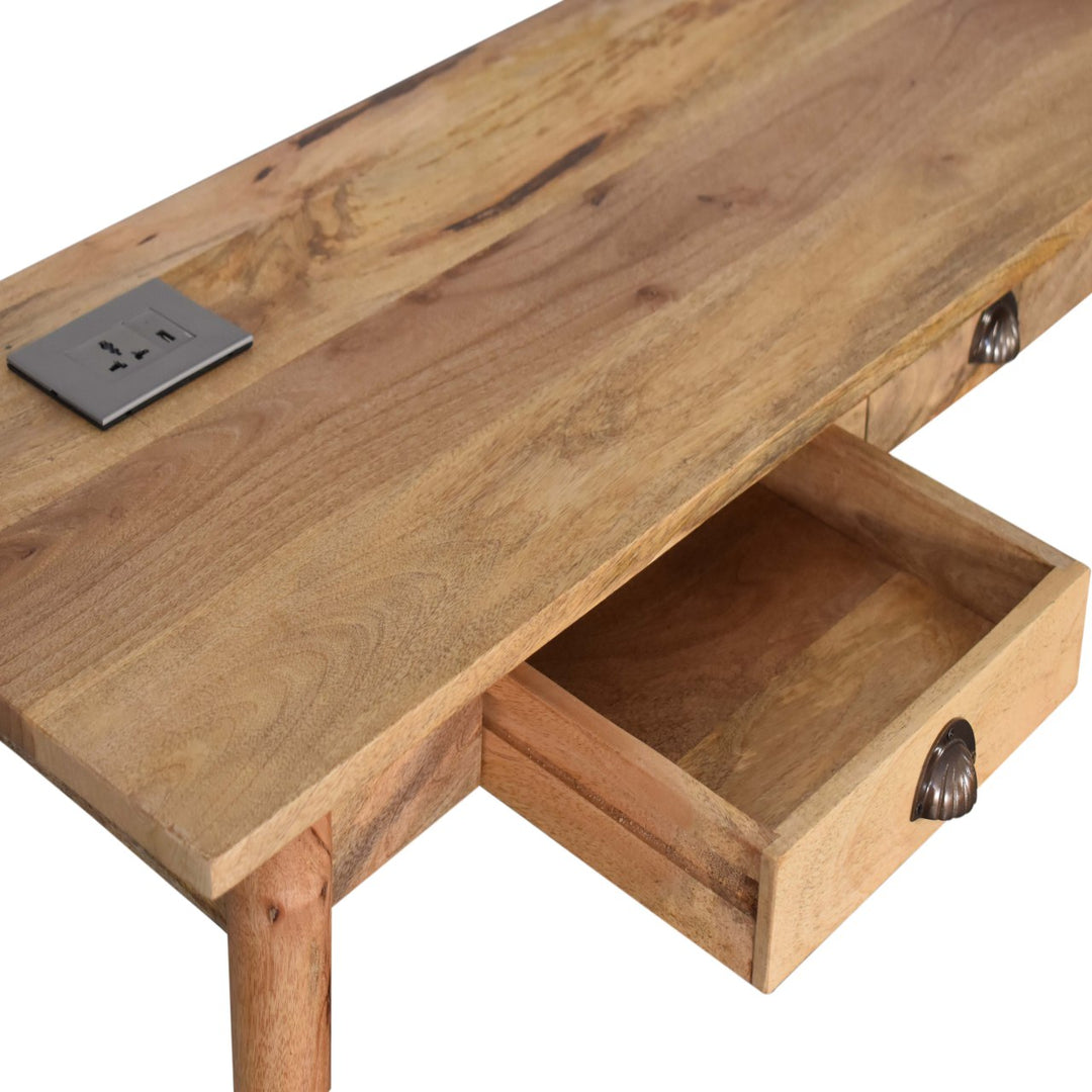 Solid Wood Writing Desk with Dual Drawers and Built-In Power Outlet
