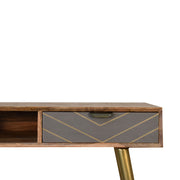 Mid-Century Modern Console Desk with Brass Legs and Geometric Drawer