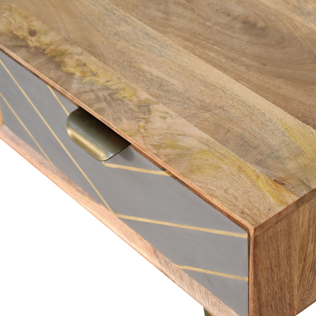 Mid-Century Modern Console Desk with Brass Legs and Geometric Drawer
