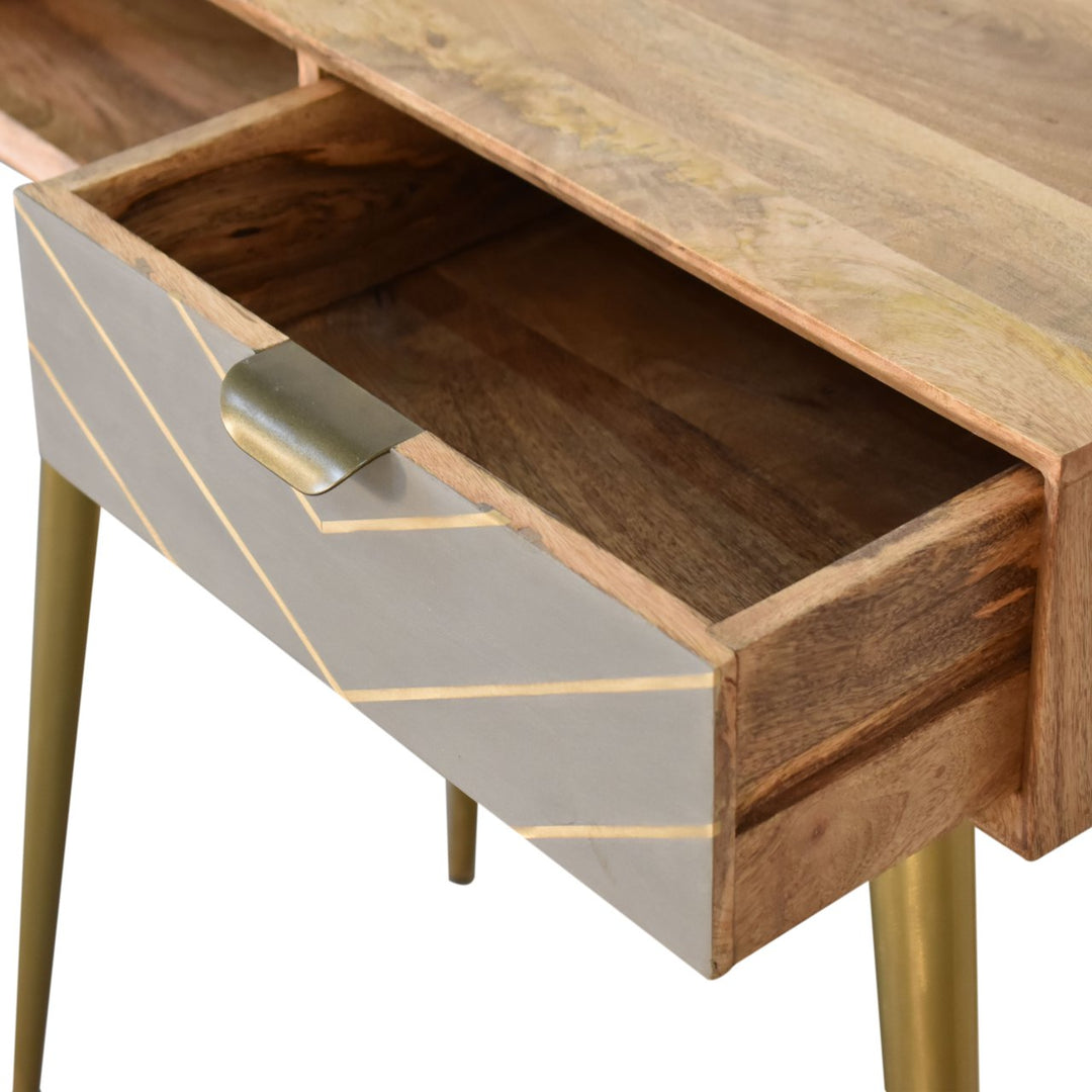 Mid-Century Modern Console Desk with Brass Legs and Geometric Drawer