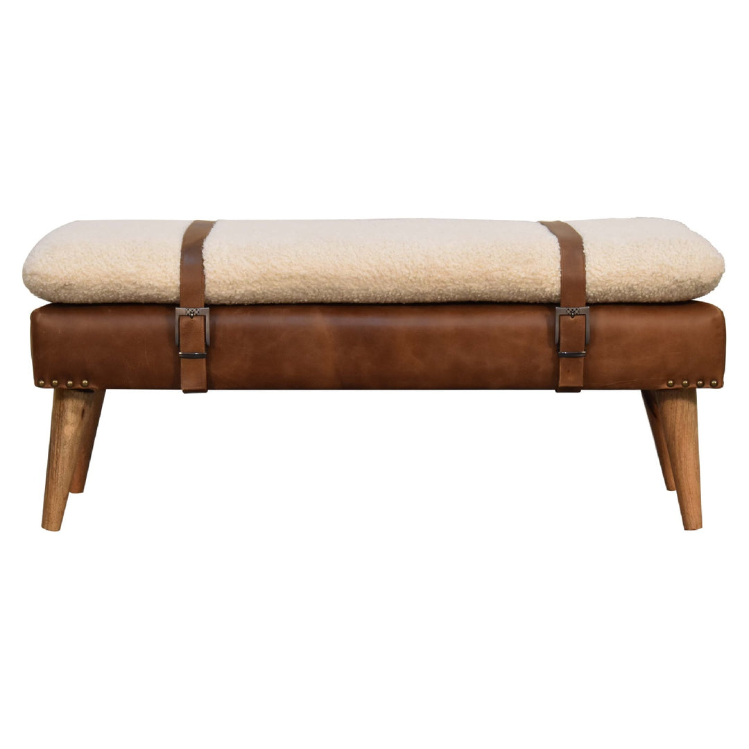 Mid-Century Modern Bench with Bouclé Cushion, Leather Base & Strap Accents