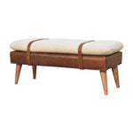Load image into Gallery viewer, Mid-Century Modern Bench with Bouclé Cushion, Leather Base &amp; Strap Accents

