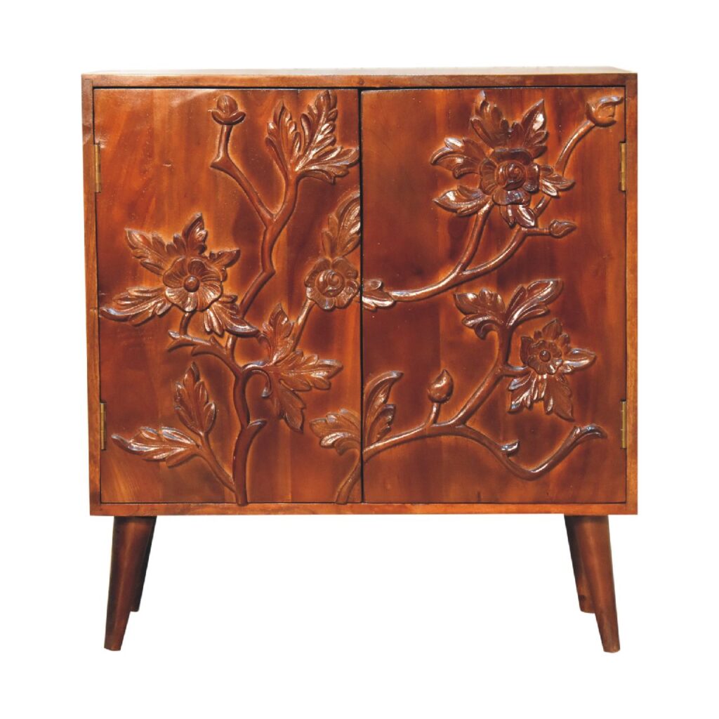 Carved Floral Wooden Chest of Drawers with Mid-Century Legs