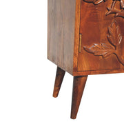 Carved Floral Wooden Chest of Drawers with Mid-Century Legs