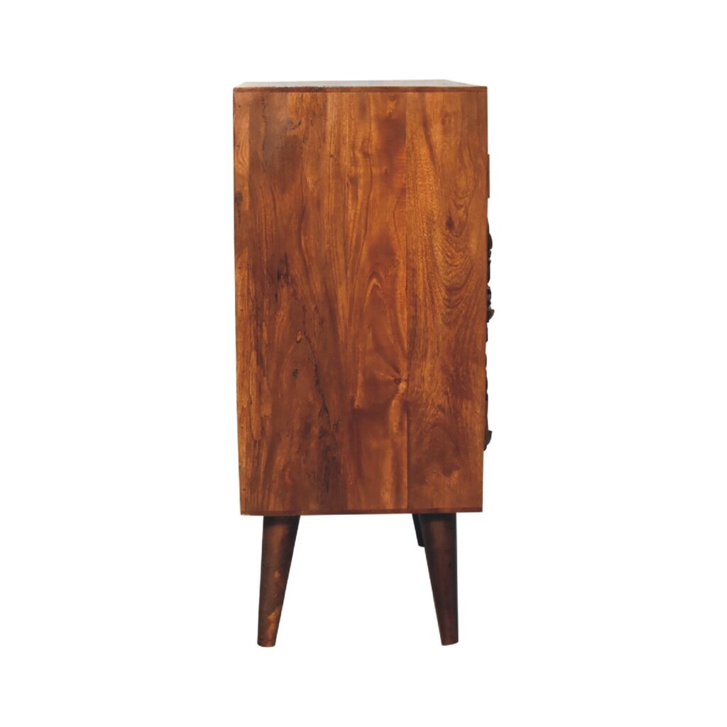 Carved Floral Wooden Chest of Drawers with Mid-Century Legs