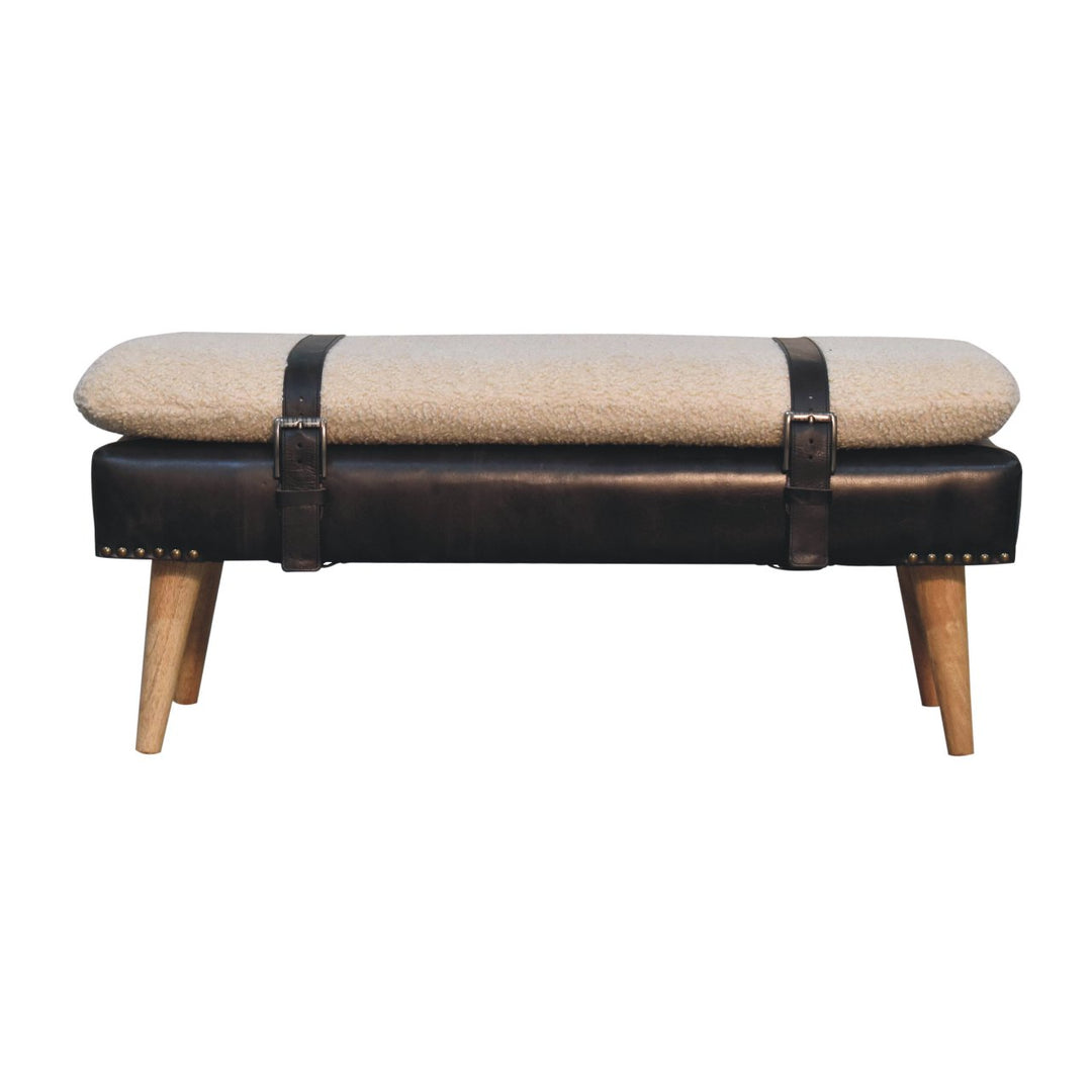 Mid-Century Modern Bench with Bouclé Cushion, Leather Base & Strap Accents
