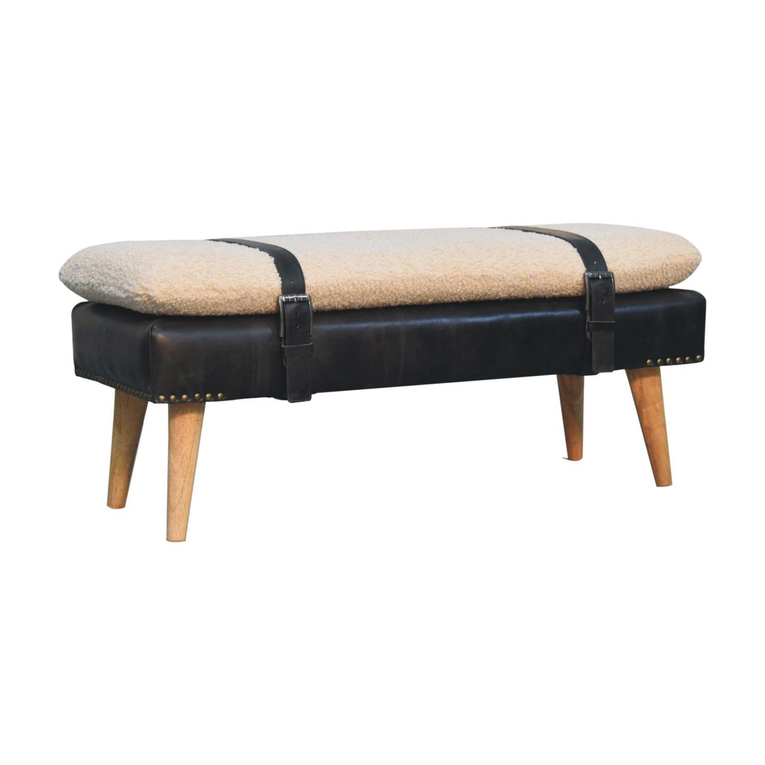 Mid-Century Modern Bench with Bouclé Cushion, Leather Base & Strap Accents