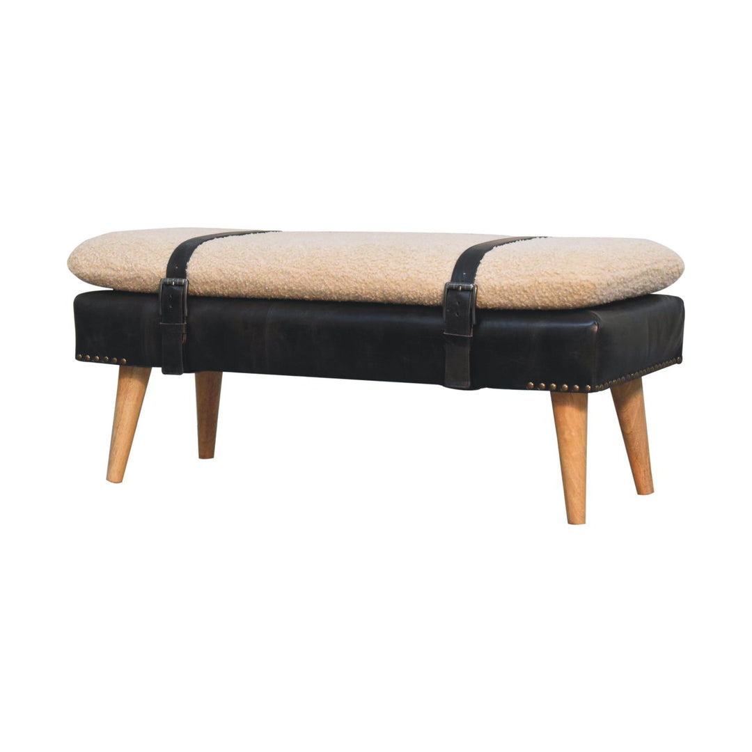 Mid-Century Modern Bench with Bouclé Cushion, Leather Base & Strap Accents