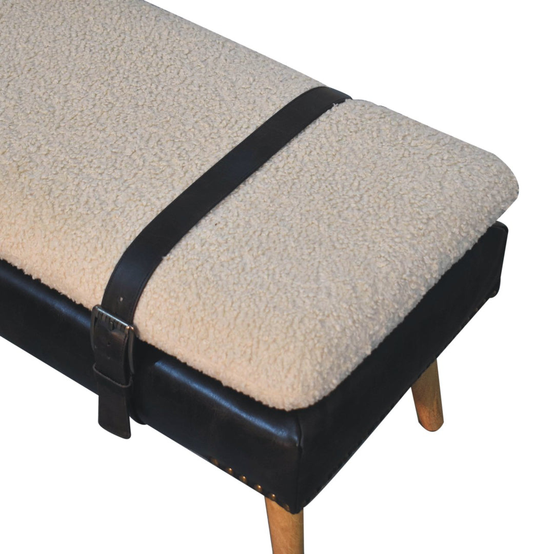 Mid-Century Modern Bench with Bouclé Cushion, Leather Base & Strap Accents