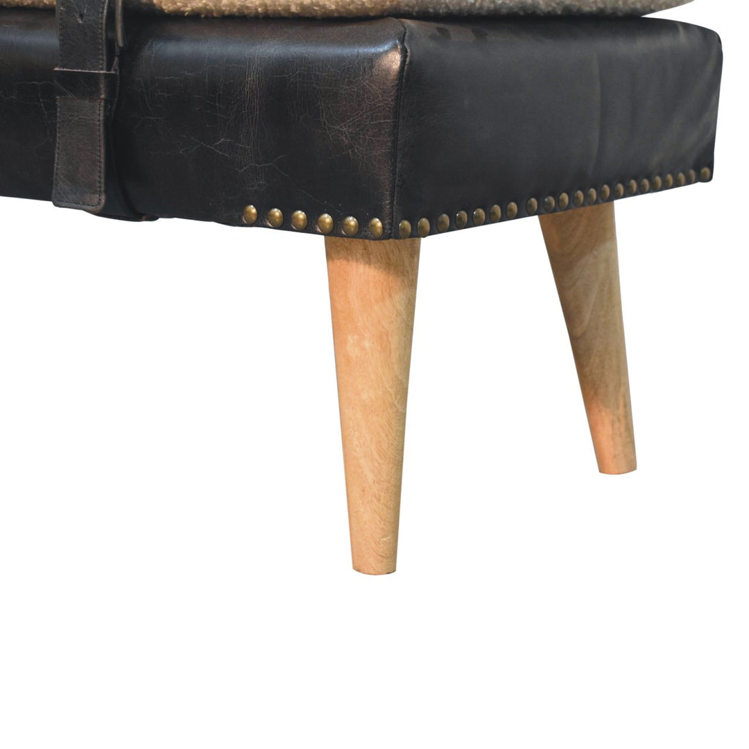 Mid-Century Modern Bench with Bouclé Cushion, Leather Base & Strap Accents