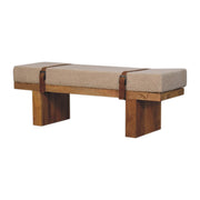 Rustic Modern Bench with Bouclé Cushion and Leather Strap Accents