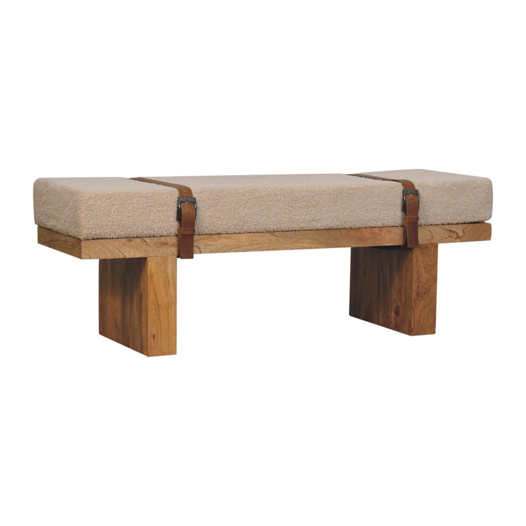 Rustic Modern Bench with Bouclé Cushion and Leather Strap Accents