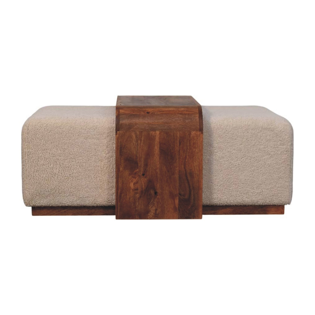 Modern Bouclé Upholstered Bench with Sculpted Wood Center