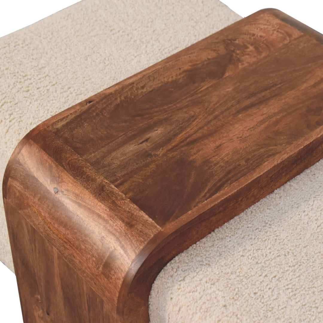 Modern Bouclé Upholstered Bench with Sculpted Wood Center