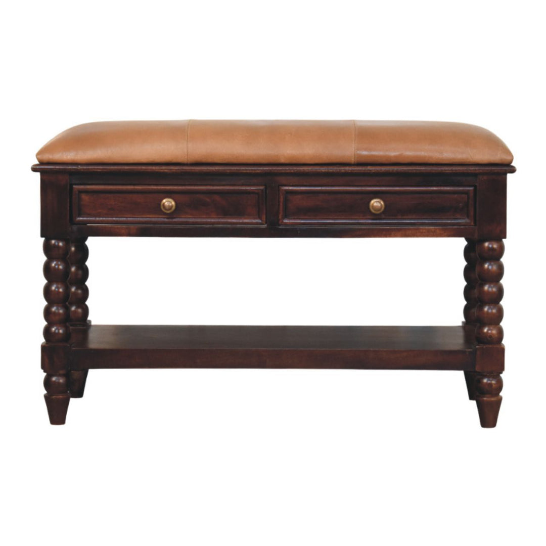 Vintage-Inspired Wooden Bench with Leather Seat and Storage Drawers