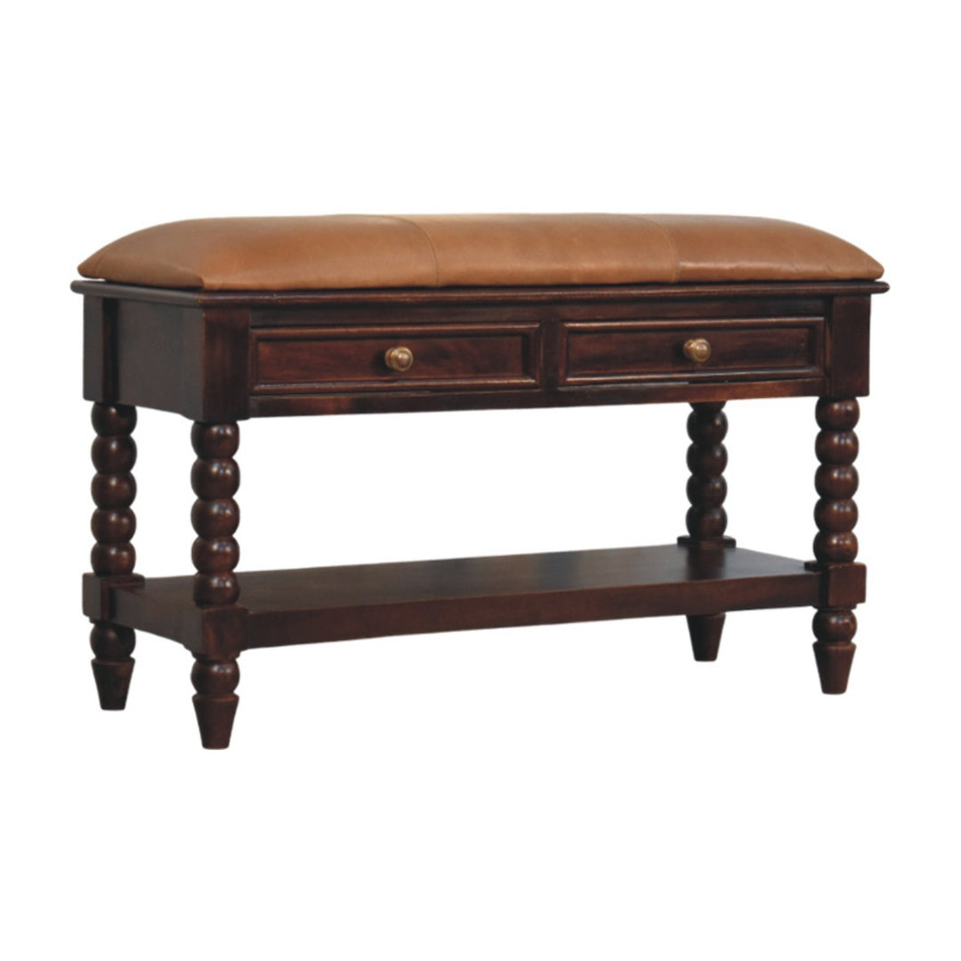 Vintage-Inspired Wooden Bench with Leather Seat and Storage Drawers