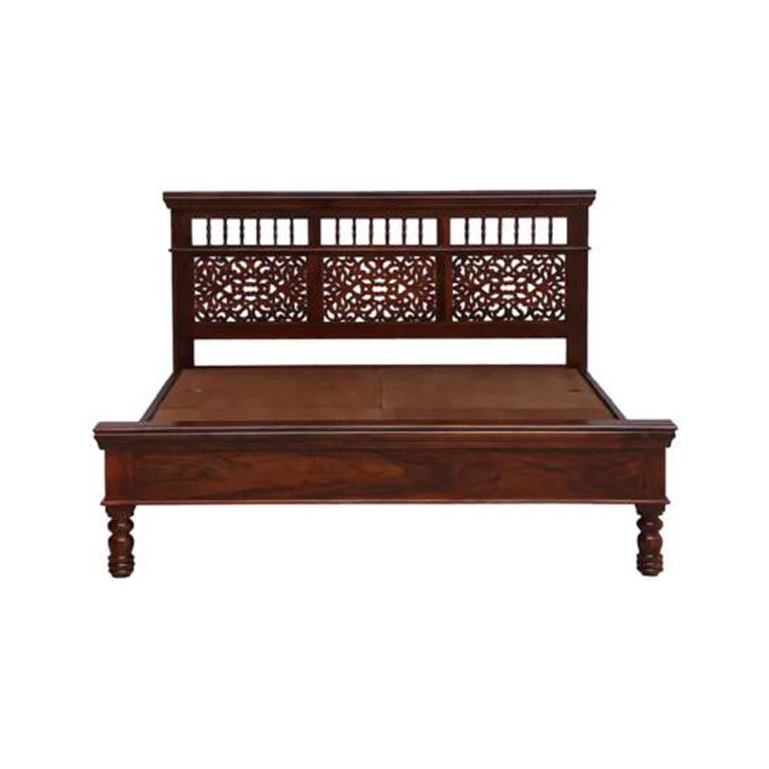 Solid Sheesham Wood Bed with Carved Headboard