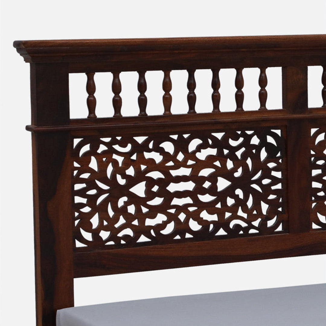 Solid Sheesham Wood Bed with Carved Headboard