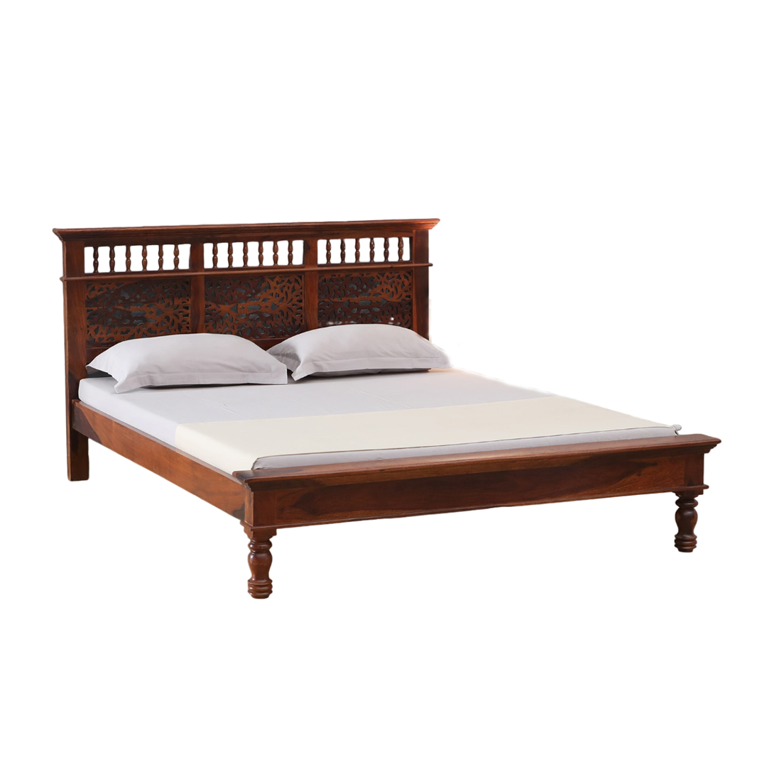 Solid Sheesham Wood Bed with Carved Headboard