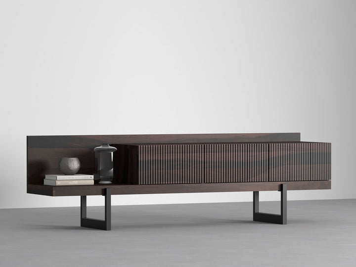Noir Solid Slatted TV Stand with Metal Base