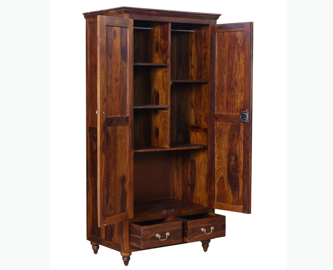 Classic Solid Wood Wardrobe with Elegant Carved Details and Dual Storage
