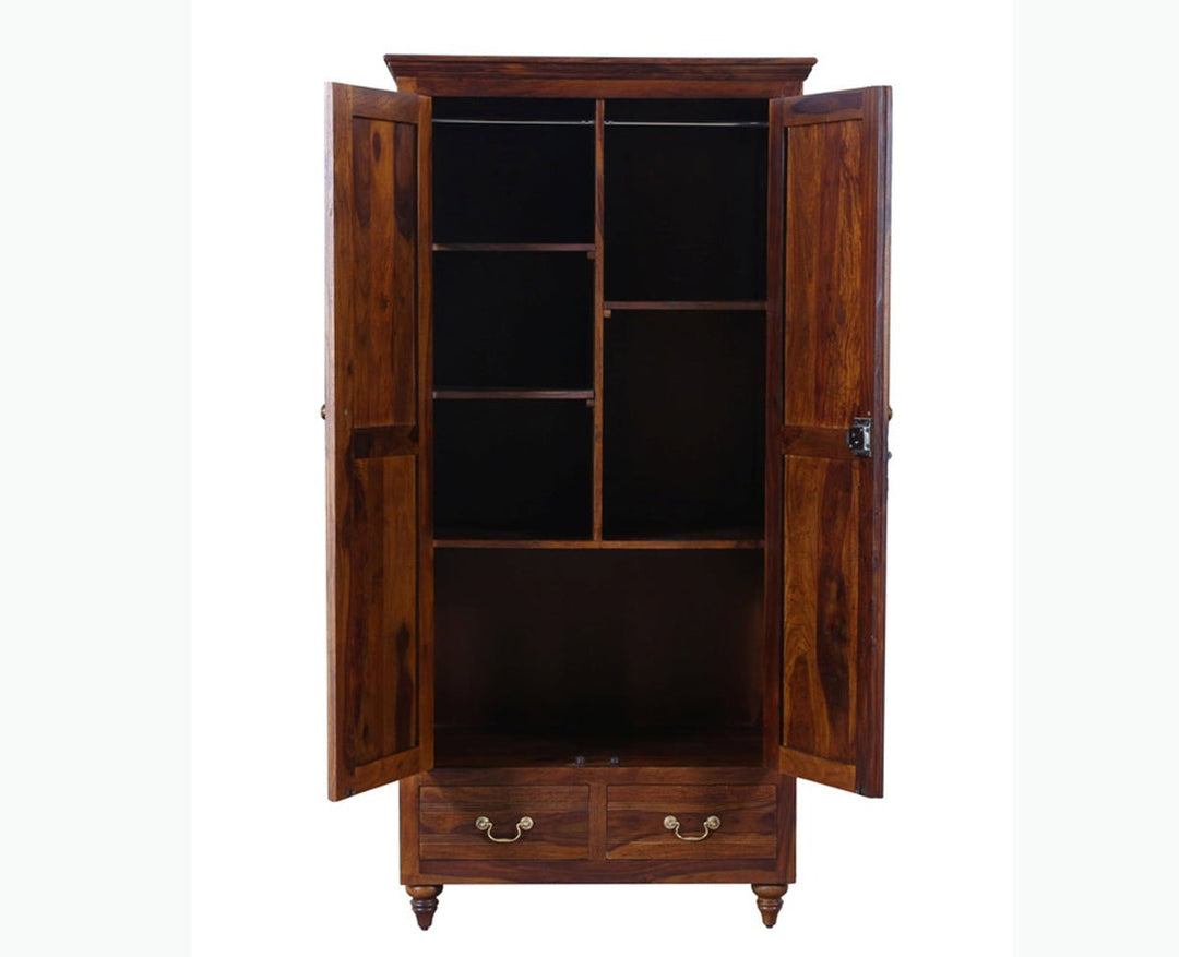 Classic Solid Wood Wardrobe with Elegant Carved Details and Dual Storage