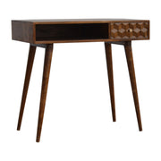 Vintage Walnut Finish Console Desk with Carved Geometric Drawer Front